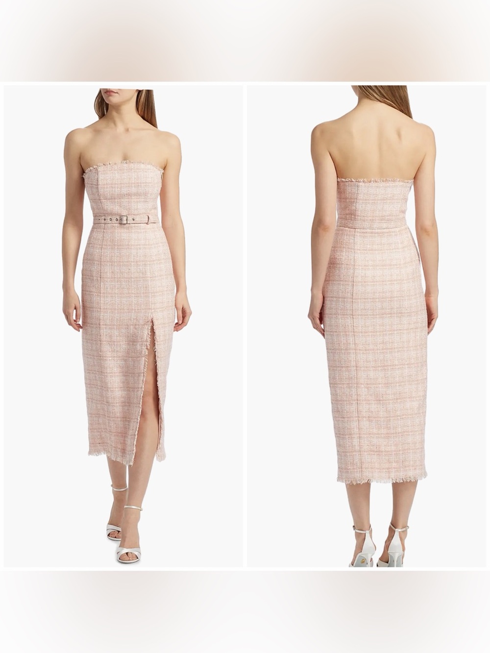 Toccin Women's Pink Vivian Tweed Strapless Belted Midi Dress Slit Size 0 NWT